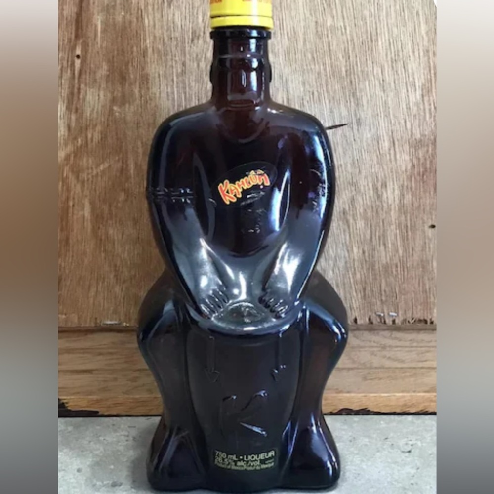 RARE Vintage Mexico Limited Edition Kahlua Drummer Aztec Tiki Brown Glass Bottle